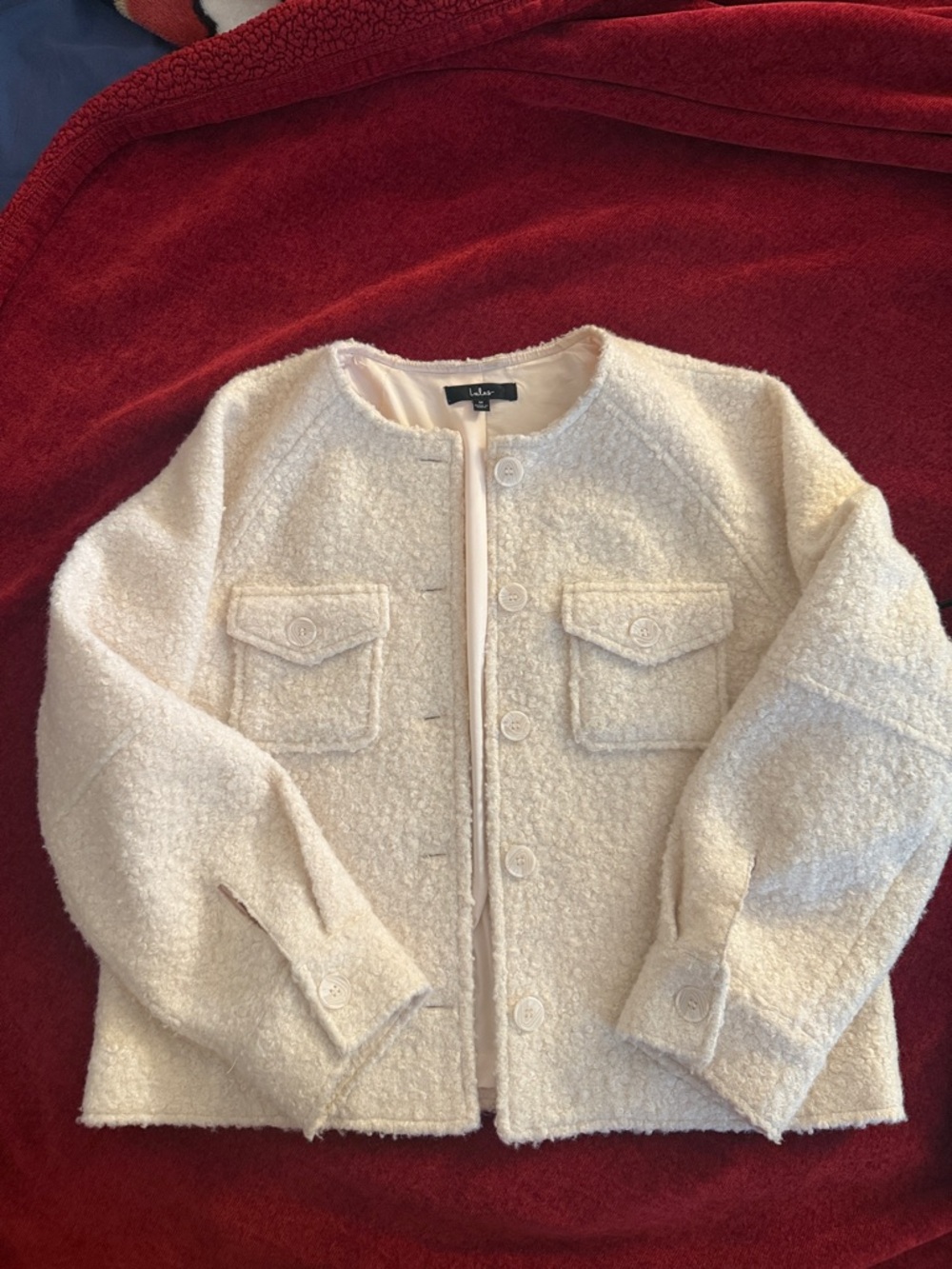 Lulu's Cream Bouclé Collarless Jacket